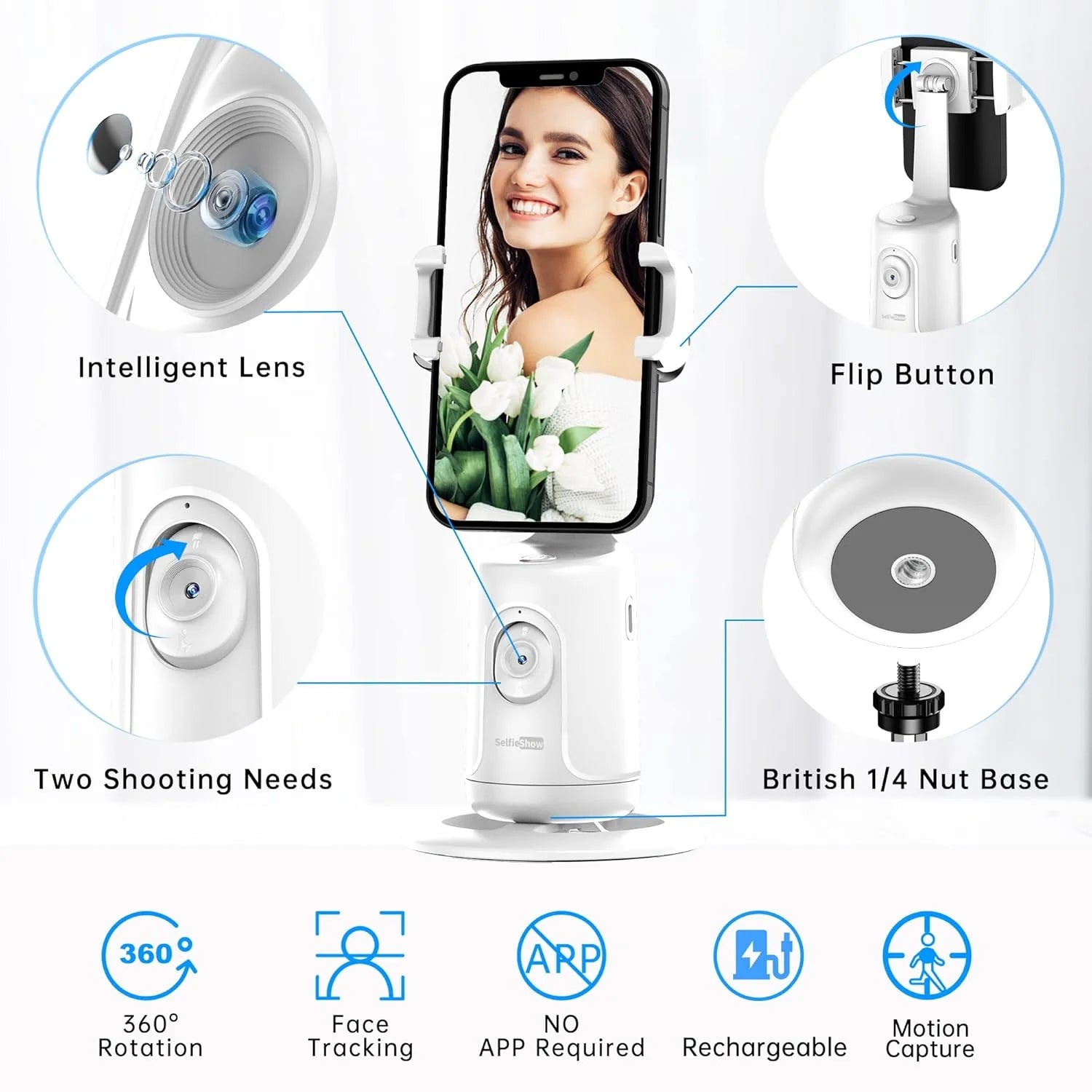 Smart 360° Auto Face Tracking Tripod – No App Needed | Gesture Control | Rechargeable Phone Mount